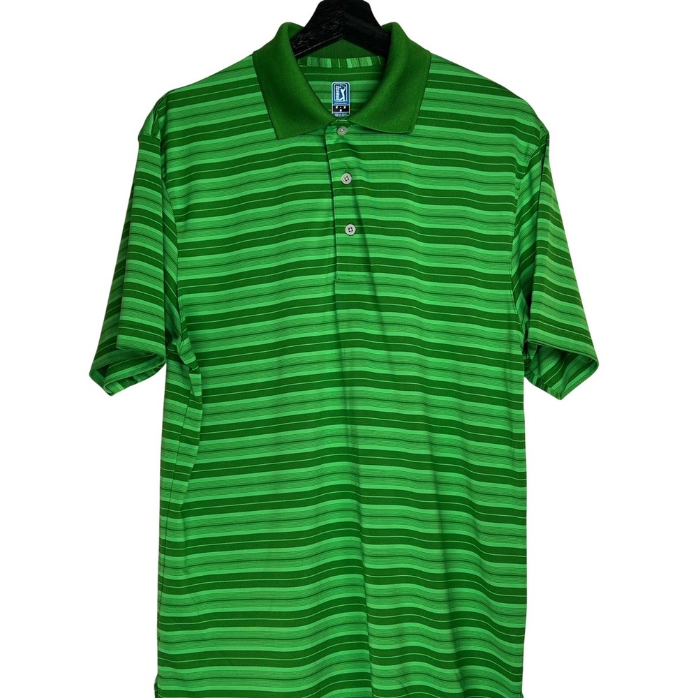 PGA Tour Airflux Mens Green Striped Short Sleeve Golf Polo Shirt Size Medium